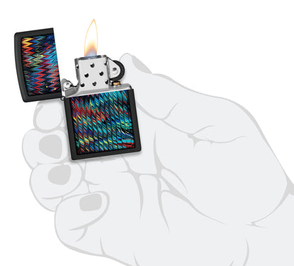 Zippo Paint Pour Design Black Matte Windproof Lighter lit in hand.