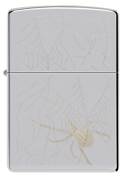 Front view of Zippo Spider Web Design High Polish Chrome Windproof Lighter.