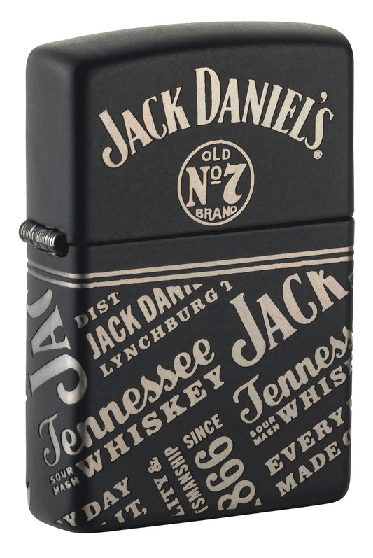 Front shot of Zippo Jack Daniel'sÂ® Every Drop Design Regular Media Chrome Black Matte Windproof Lighter standing at a 3/4 angle.