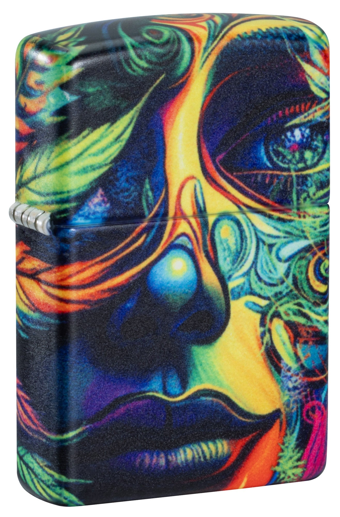 Front shot of Zippo Cannabis Camo Design 540 Matte Windproof Lighter standing at a 3/4 angle.