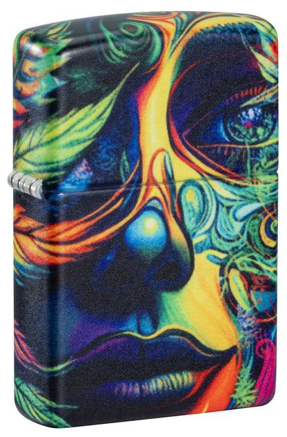 Front shot of Zippo Cannabis Camo Design 540 Matte Windproof Lighter standing at a 3/4 angle.