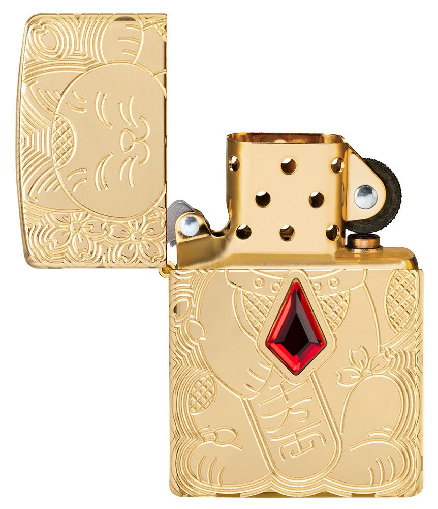 Lucky Cat Design Emblem Attached ArmorÂ® High Polish Brass Windproof Lighter with its lid open and unlit.