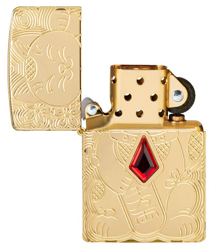 Lucky Cat Design Emblem Attached ArmorÂ® High Polish Brass Windproof Lighter with its lid open and unlit.