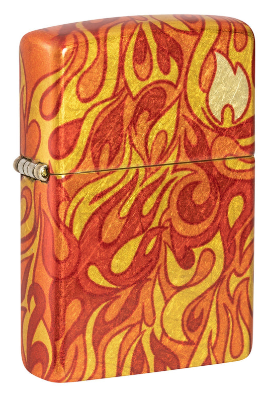 Front view of Zippo Fire Design 540 Tumbled Brass Windproof Lighter standing at a 3/4 angle.