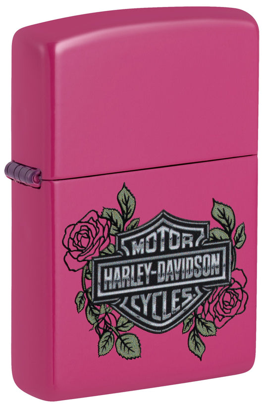 Front shot of Zippo Harley-DavidsonÂ® Roses Frequency Windproof Lighter standing at a 3/4 angle.