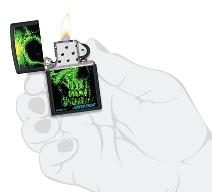 Zippo Santa Cruz Skull Design Black Matte Windproof Lighter lit in hand.