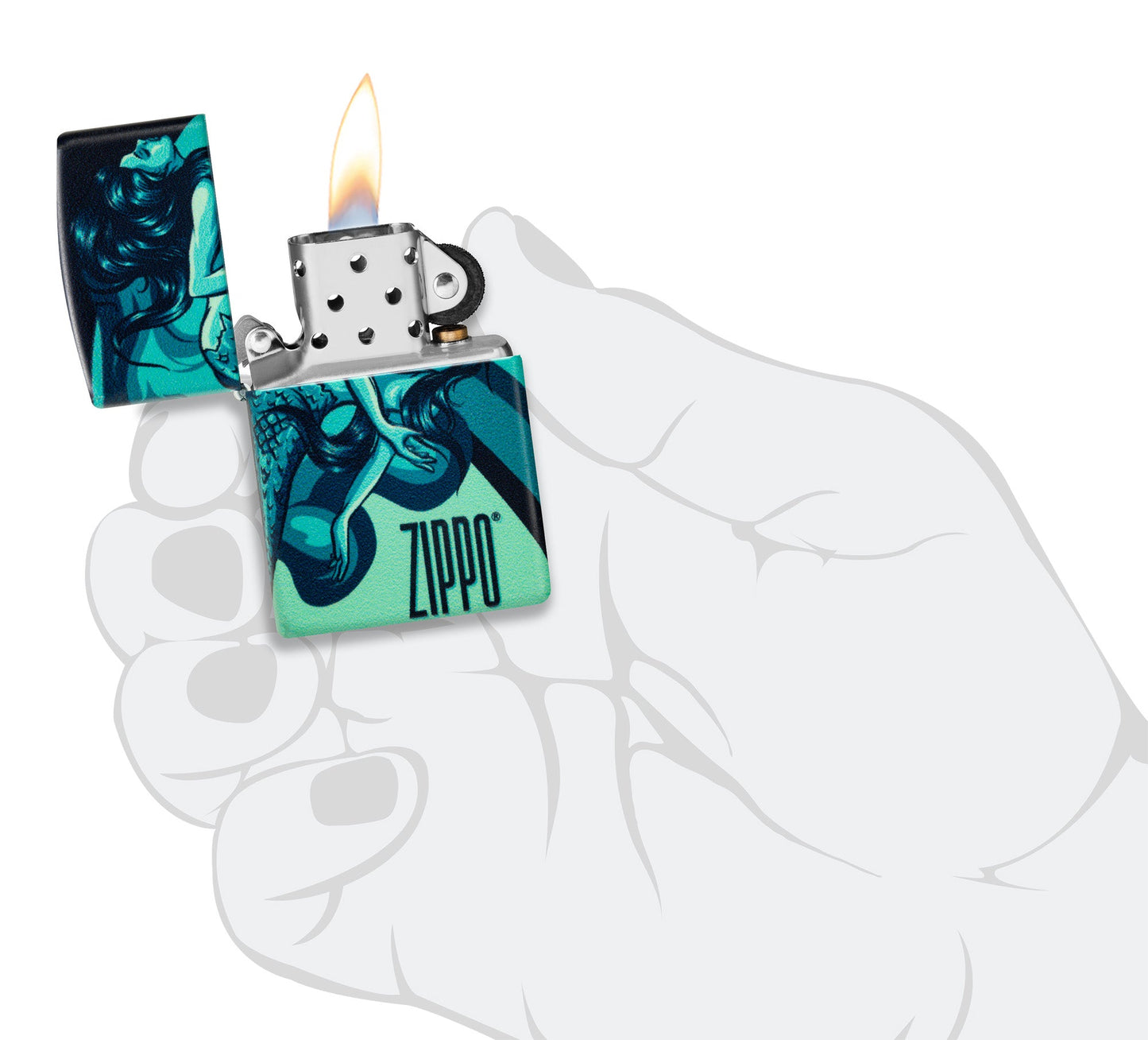 Zippo Mermaid Design 540 Color Windproof Lighter lit in hand.

