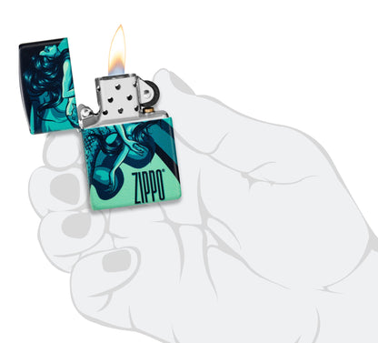 Zippo Mermaid Design 540 Color Windproof Lighter lit in hand.
