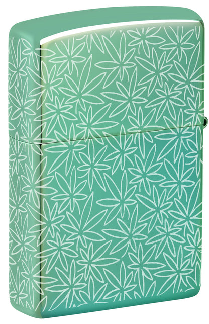 Back shot of Zippo Atomic Cannabis Design High Polish Green Windproof Lighter standing at a 3/4 angle.