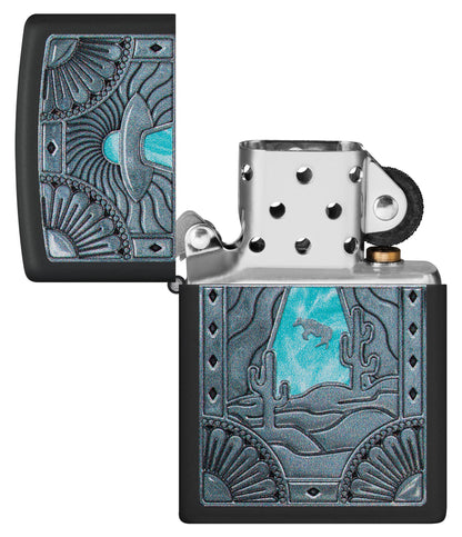 Zippo Cow Abduction Design Black Matte Windproof Lighter with its lid open and unlit.