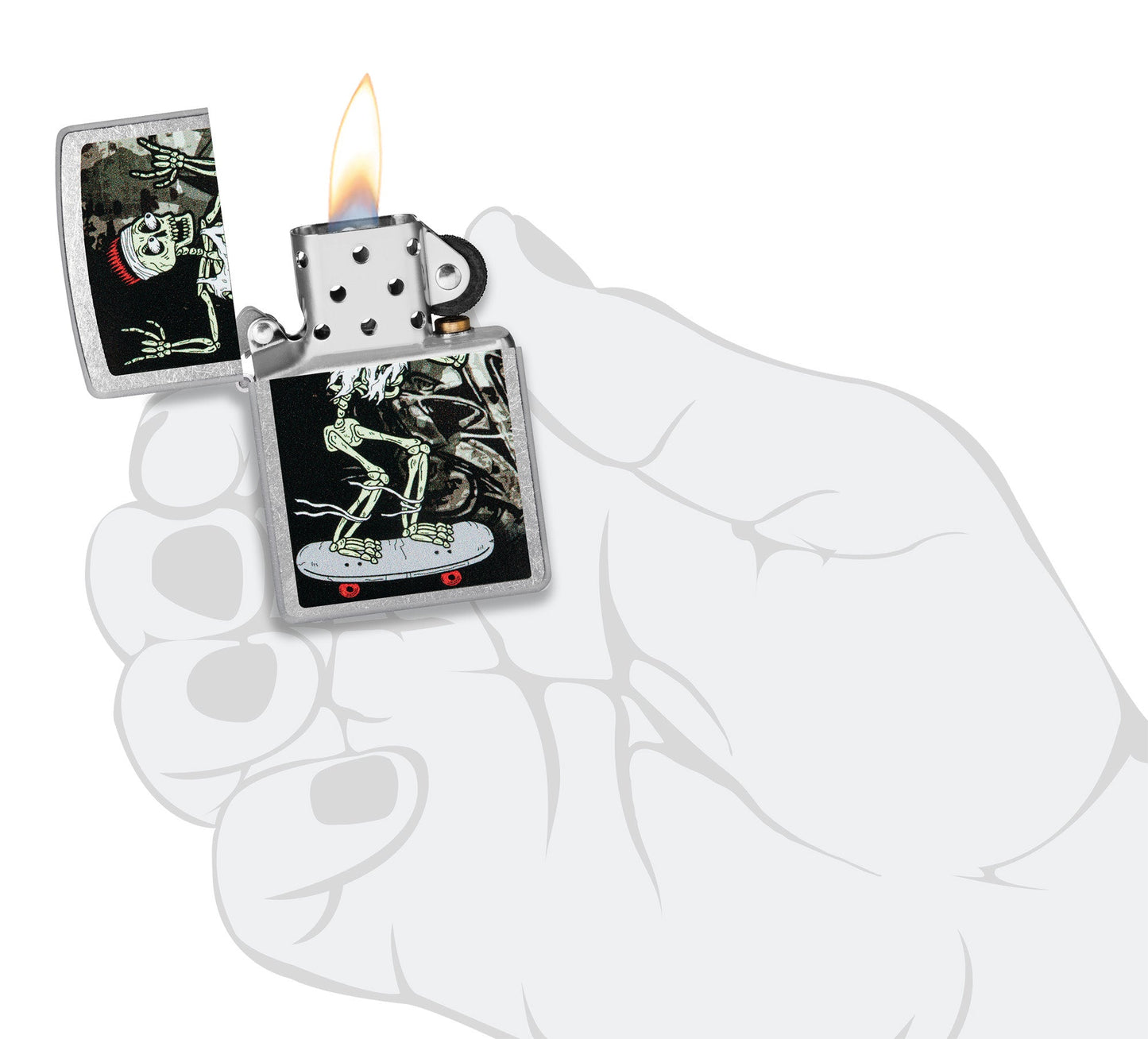 Zippo Skateboard Street Chrome Windproof Lighter lit in hand.