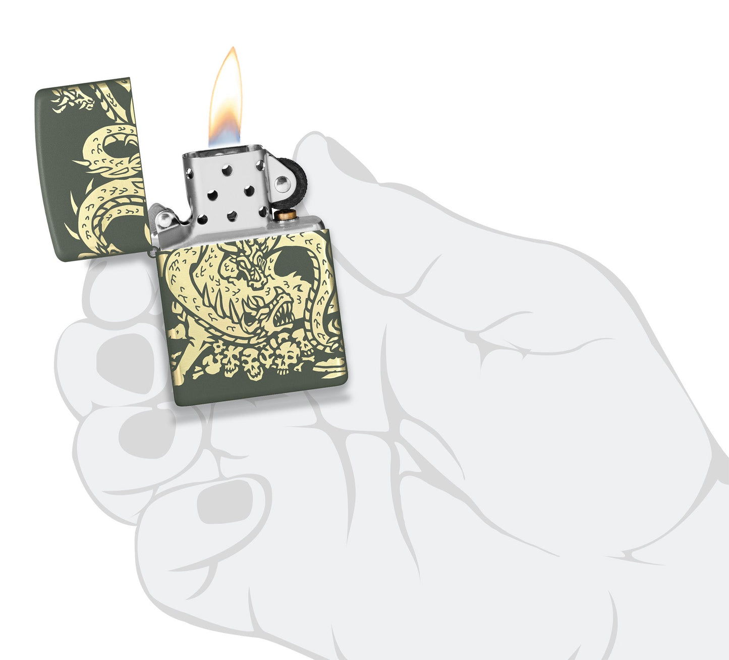 Zippo Dragon Design Green Matte Windproof Lighter lit in hand.