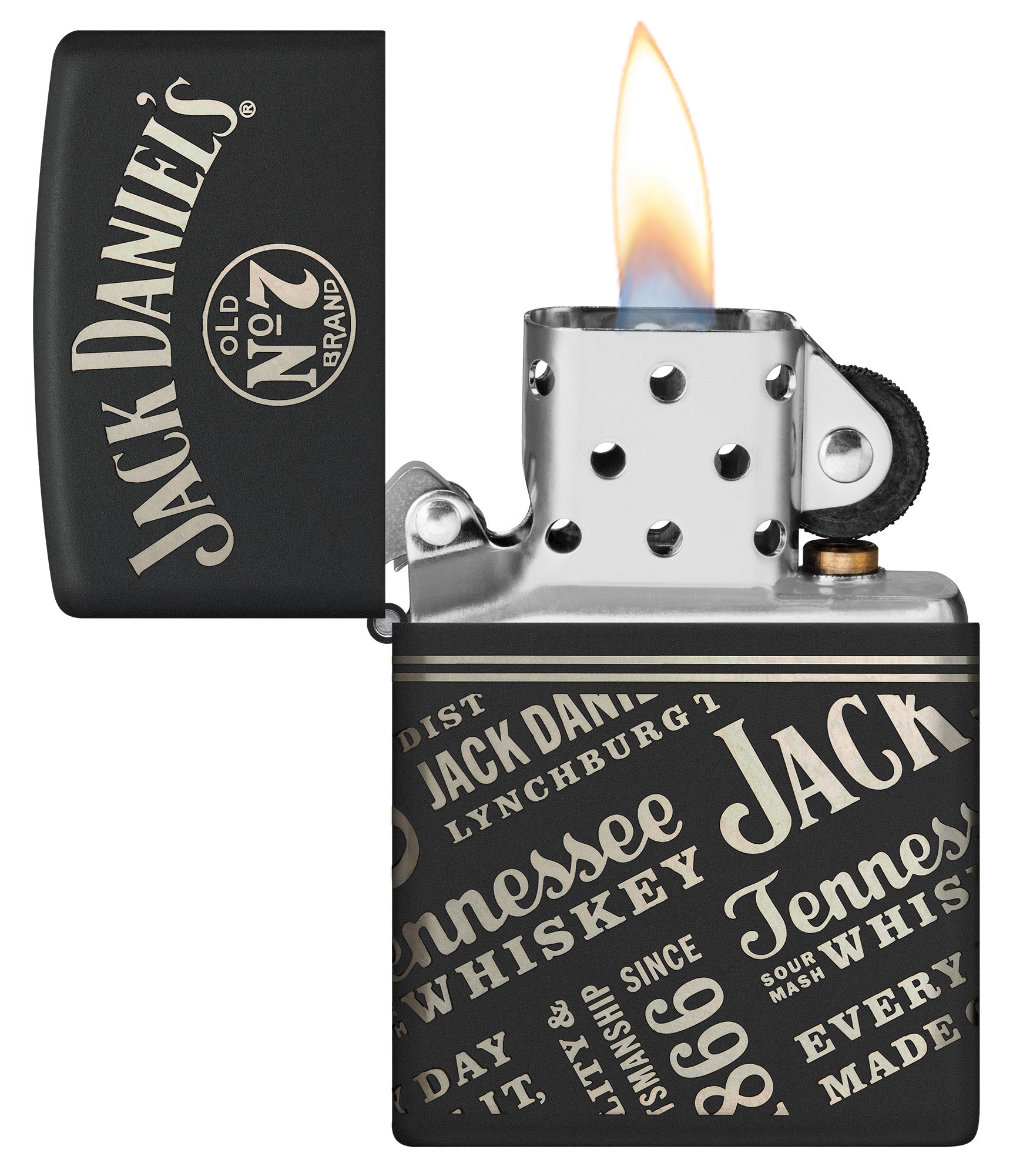 Zippo Jack Daniel'sÂ® Every Drop Design Regular Media Chrome Black Matte Windproof Lighter with its lid open and lit.