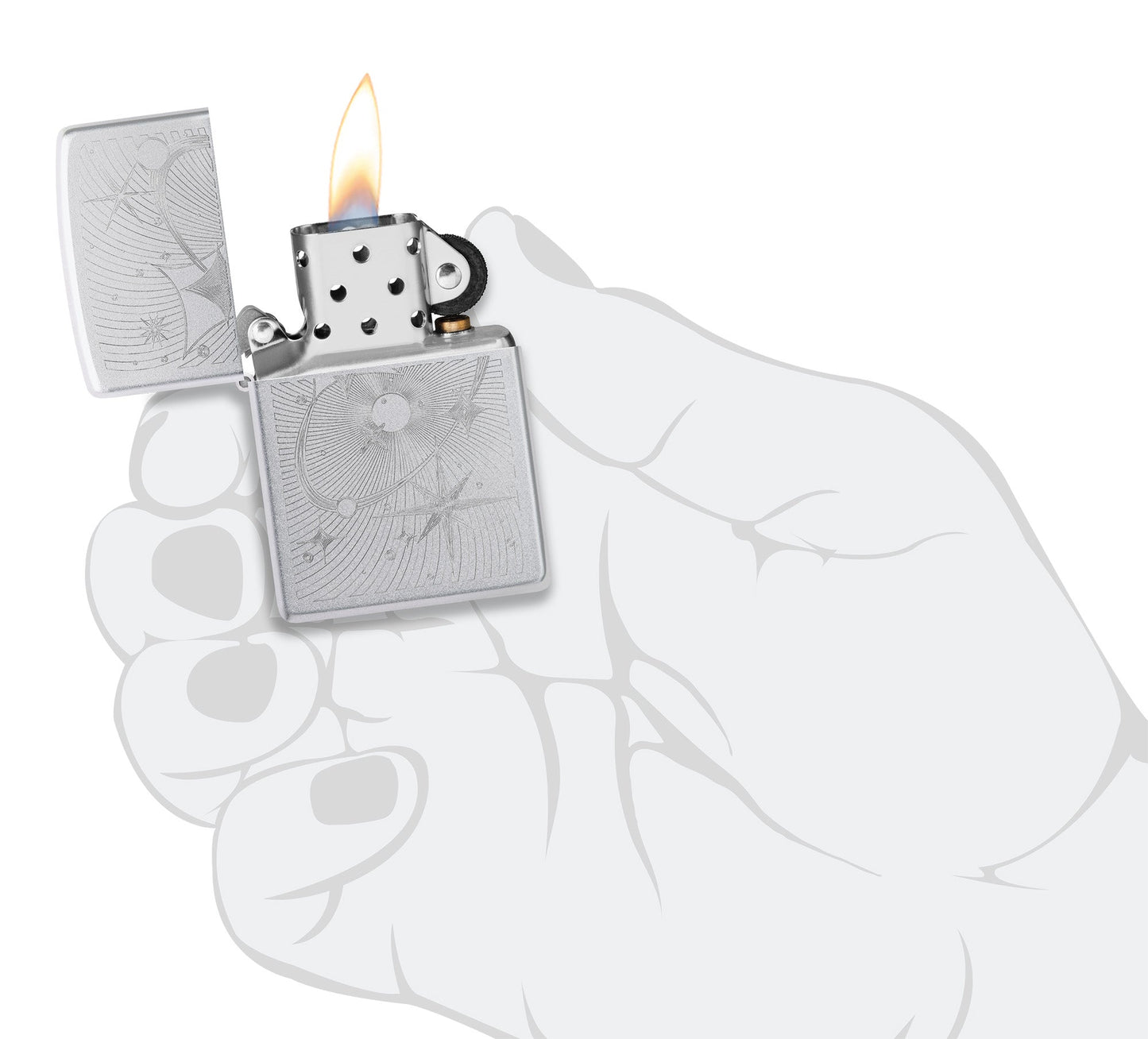 Zippo Atomic Cosmos Design Satin Chrome Windproof Lighter lit in hand.