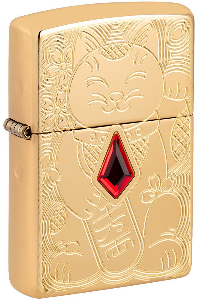 Front shot of Lucky Cat Design Emblem Attached ArmorÂ® High Polish Brass Windproof Lighter standing at a 3/4 angle.