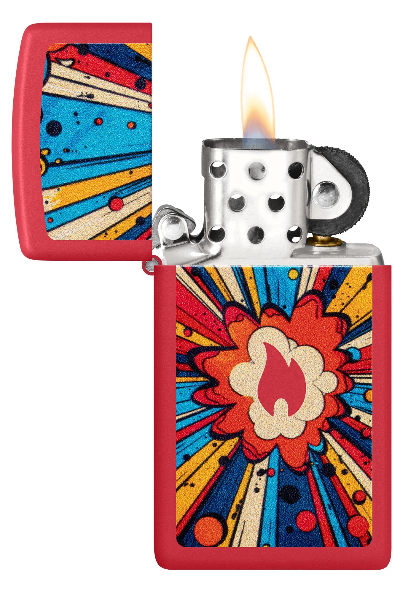 Zippo Comic Blast Design Slim Red Matte Windproof Lighter with its lid open and lit.