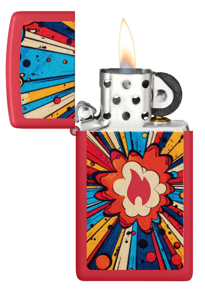Zippo Comic Blast Design Slim Red Matte Windproof Lighter with its lid open and lit.