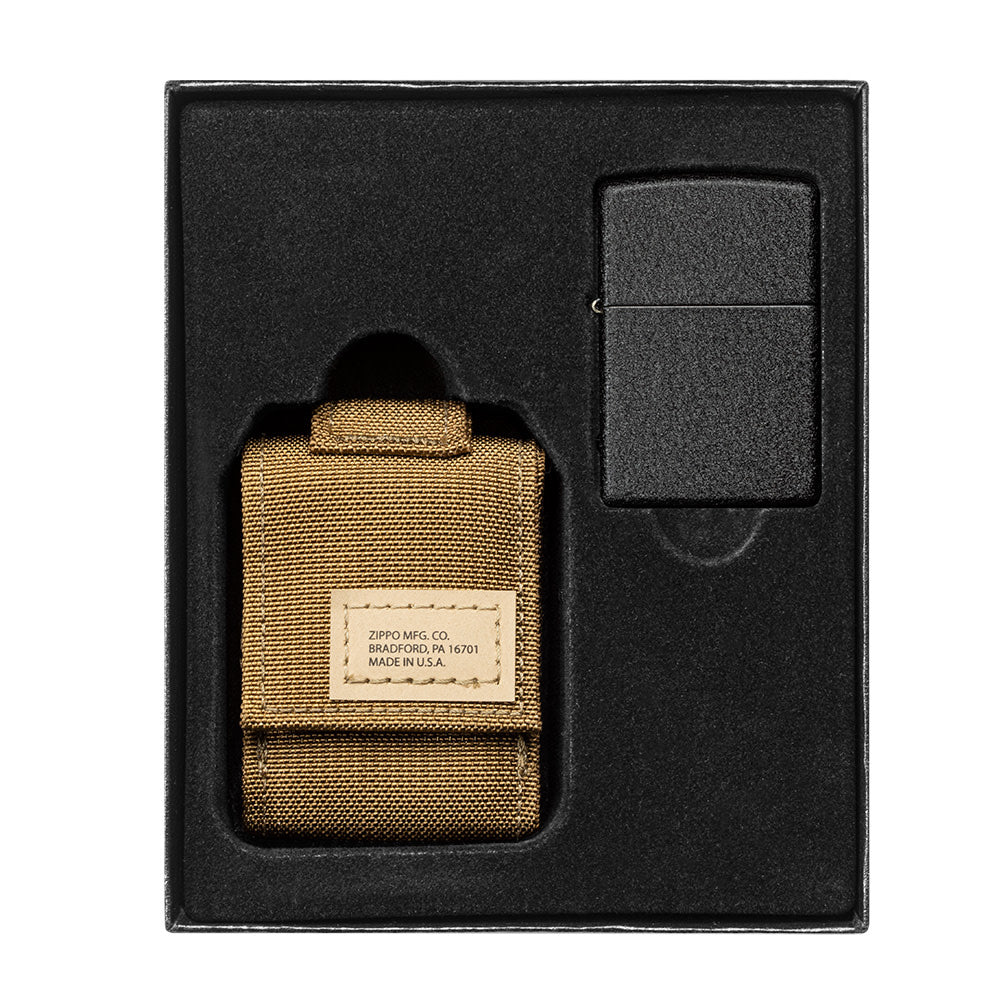 Coyote Tactical Pouch and Black CrackleÂ® Windproof Lighter Gift Set in packaging