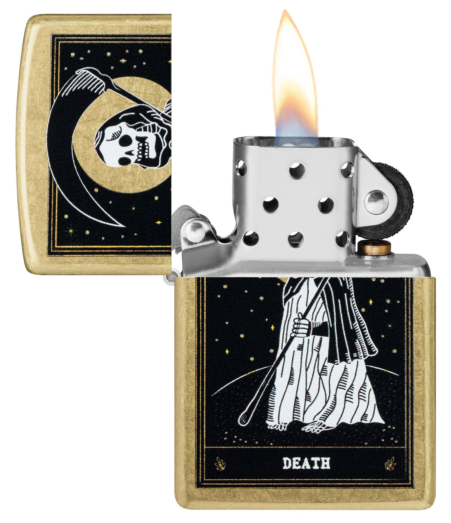 Zippo Death Card Desig Street Brass Windproof Lighter with its lid open and lit.