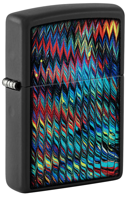Front shot of Zippo Paint Pour Design Black Matte Windproof Lighter standing at a 3/4 angle.