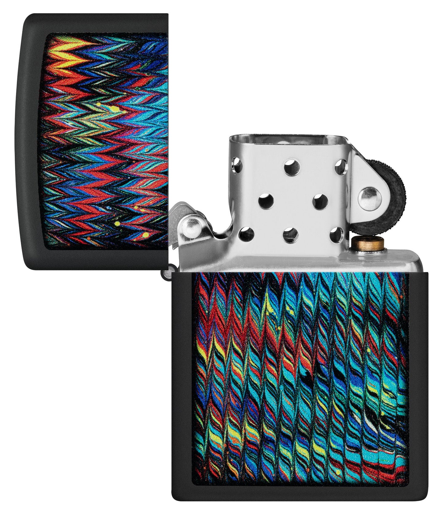 Zippo Paint Pour Design Black Matte Windproof Lighter with its lid open and unlit.