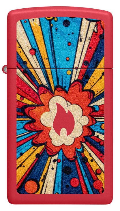 Front view of Zippo Comic Blast Design Slim Red Matte Windproof Lighter.